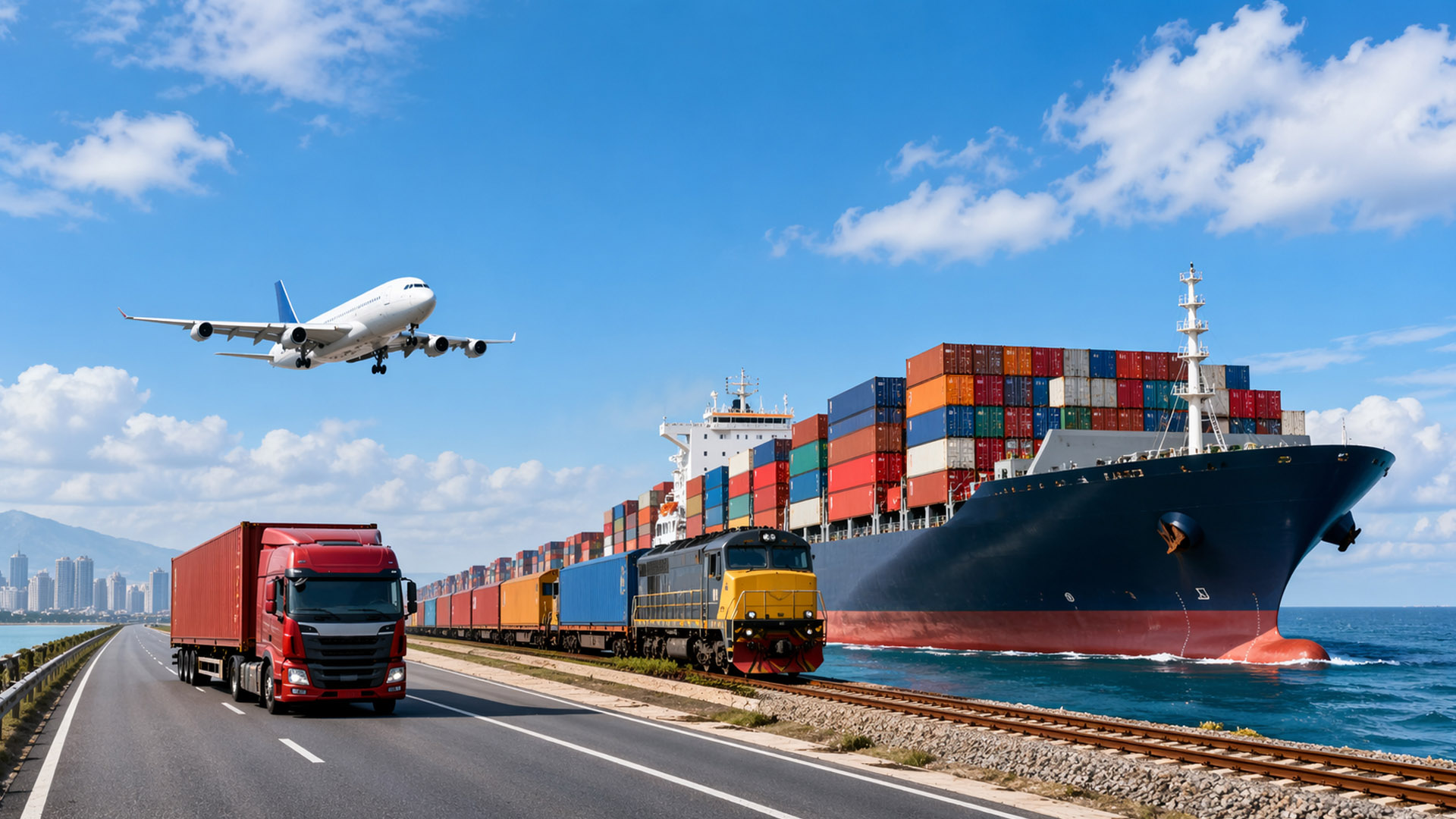 Escenario logístico global con transporte marítimo, aéreo y terrestre